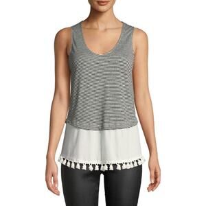 NWT Derek Lam 10 Crosby Sz S Scoop Tank W/Pom Pom Layered Striped Linen Top